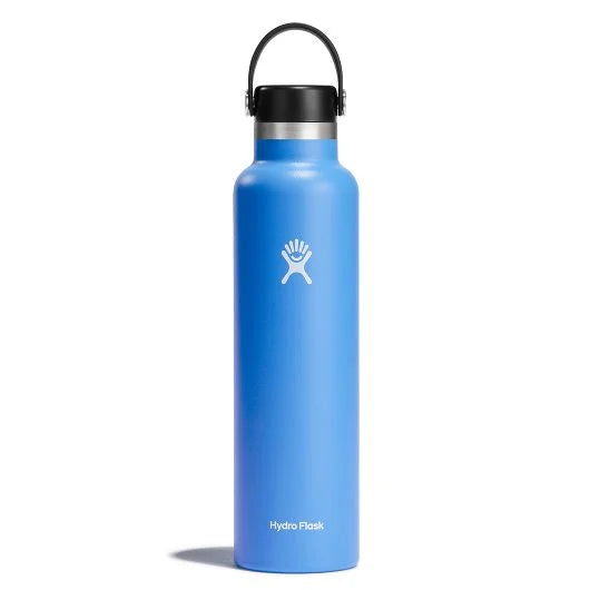 Hydro Flask 24oz Standard Mouth Water Bottle - A blue water bottle with a black lid and white logo on the front.