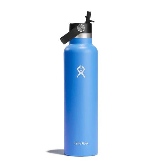 Hydro Flask 24oz Standard With Straw Lid - A blue water bottle with a black straw lid and white logo on the front.