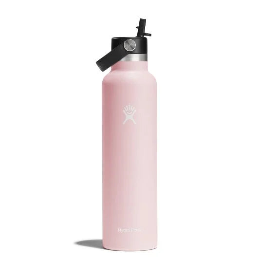 Hydro Flask 24oz Standard With Straw Lid - A light-colored water bottle with a black straw lid and handle on top.