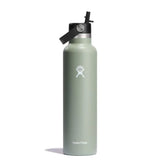Hydro Flask 24oz Standard With Straw Lid - A sage green water bottle with a black straw lid and silver screw-top cap.