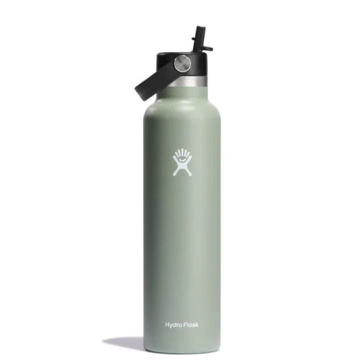 Hydro Flask 24oz Standard With Straw Lid - A sage green water bottle with a black straw lid and silver screw-top cap.
