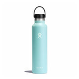 Hydro Flask 24oz Standard Mouth Water Bottle - A light blue water bottle with a black lid and handle, featuring a white logo on its side.