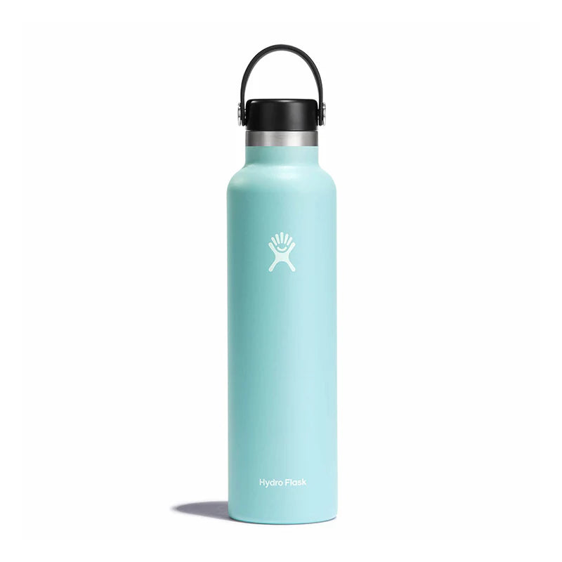 Hydro Flask 24oz Standard Mouth Water Bottle - A light blue water bottle with a black lid and handle, featuring a white logo on its side.