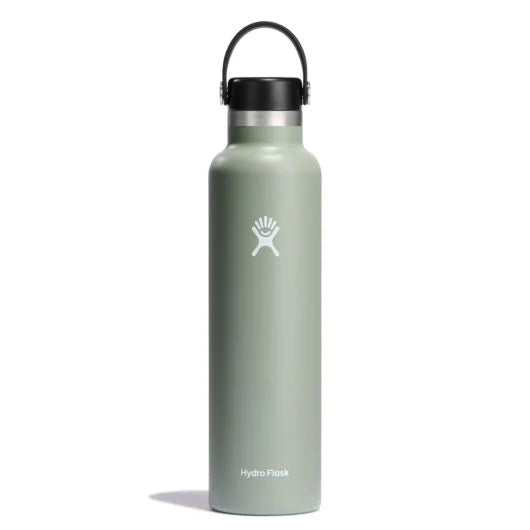 Hydro Flask 24oz Standard Mouth Water Bottle - A sage green water bottle with a black lid and white logo.