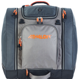 Athalon Pro's Choice Boot Bag / Backpack - A gray backpack with a zippered front pocket and two side pockets, featuring an orange zipper pull on the top handle.