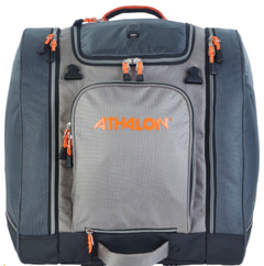Athalon Pro's Choice Boot Bag / Backpack - A gray backpack with a zippered front pocket and two side pockets, featuring an orange zipper pull on the top handle.