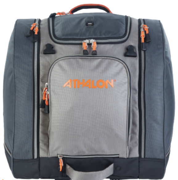 Athalon Pro's Choice Boot Bag / Backpack - A gray backpack with a zippered front pocket and two side pockets, featuring an orange zipper pull on the top handle.