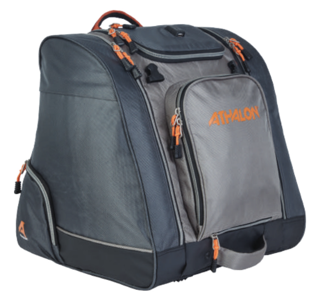 Athalon Pro's Choice Boot Bag / Backpack - A black backpack with a zippered front pocket and two side pockets, featuring an orange logo on the top.