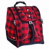 Athalon Everything Boot Bag / Backpack - A red, black, and gray plaid backpack with a zippered front pocket.
