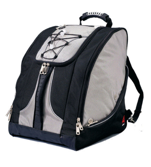 Athalon Everything Boot Bag / Backpack - A black backpack with a zippered front pocket and two side pockets, featuring a white logo on the top.