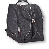 Athalon Everything Boot Bag / Backpack 2025 - A black backpack with a zippered front pocket and two side pockets, featuring a camouflage pattern on its body.