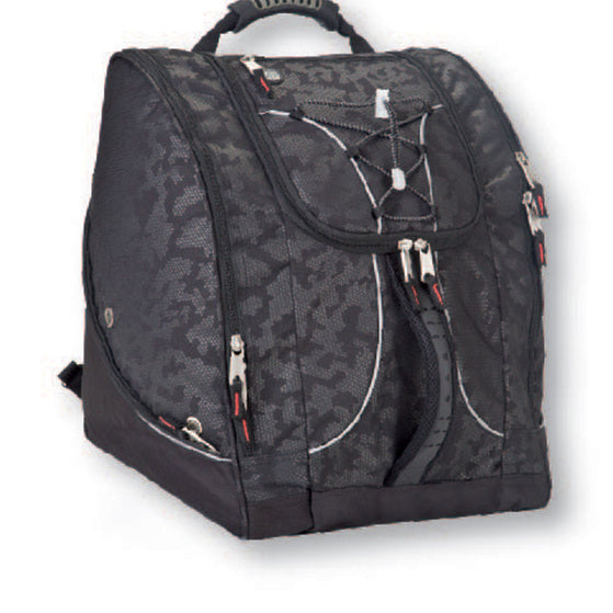 Athalon Everything Boot Bag / Backpack 2025 - A black backpack with a zippered front pocket and two side pockets, featuring a camouflage pattern on its body.