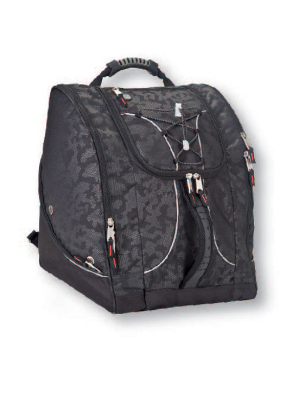 Athalon Everything Boot Bag / Backpack 2025 - A black backpack with a zippered front pocket and two side pockets, featuring a camouflage pattern on its body.