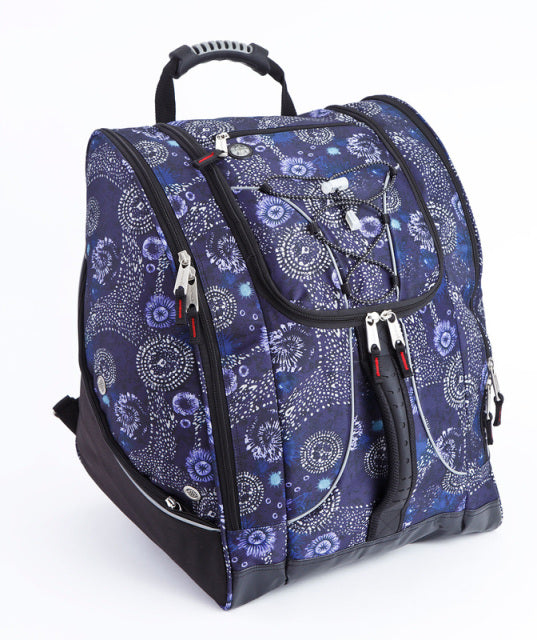 Athalon Everything Boot Bag/Backpack - A blue backpack with a white floral pattern and black trim, featuring two zippered pockets on the front.