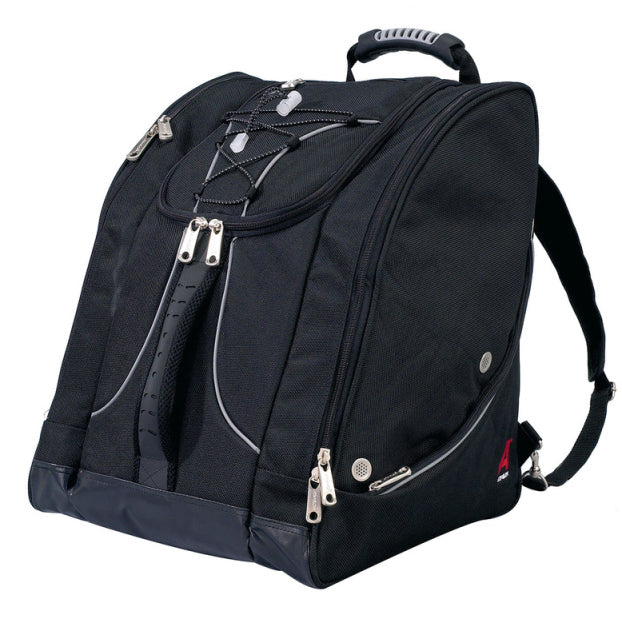 Athalon Everything Boot Bag / Backpack - A black backpack with a zippered front pocket and two side pockets, featuring a handle on top and adjustable straps.