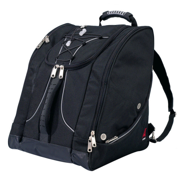 Athalon Everything Boot Bag / Backpack - A black backpack with a zippered front pocket and two side pockets, featuring a handle on top and adjustable straps.