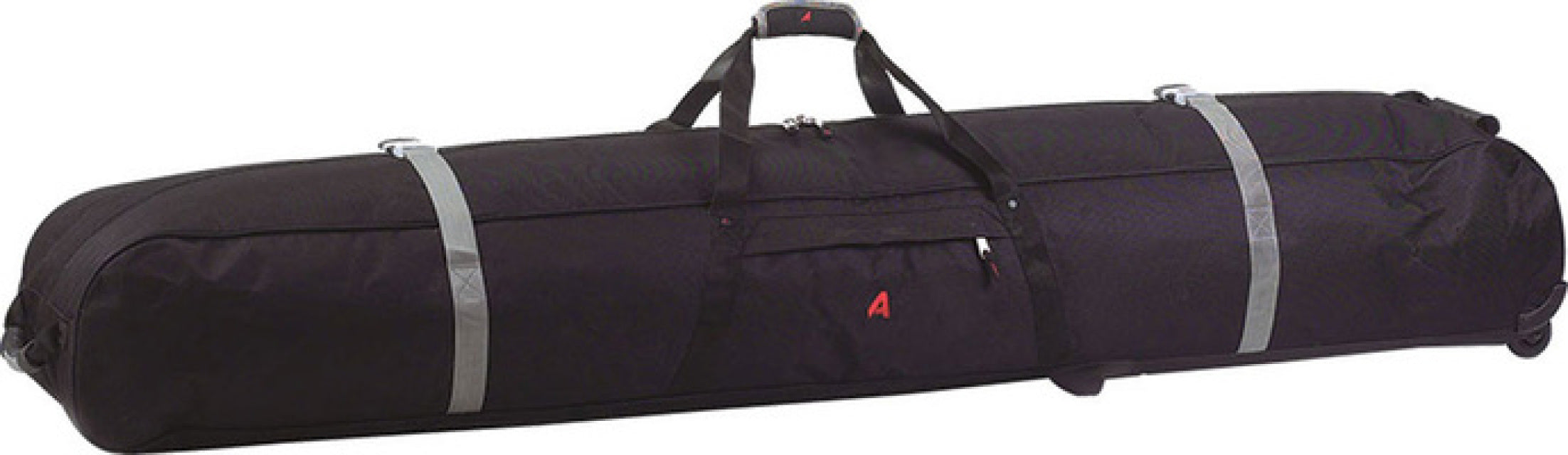 Athlon Multi-Use Wheeled Ski / Snowboard Bag 2023 - A black wheeled bag with a handle and wheels, featuring a zippered top and two smaller pockets on either side.