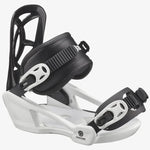 Salmon Junior Goodtime XS Snowboard Bindings - Black bindings with white accents and a black strap on top of a white base plate.