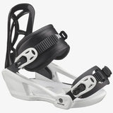 Salmon Junior Goodtime XS Snowboard Bindings - Black bindings with white accents and a black strap on top of a white base plate.