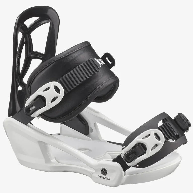 Salmon Junior Goodtime XS Snowboard Bindings - Black bindings with white accents and a black strap on top of a white base plate.