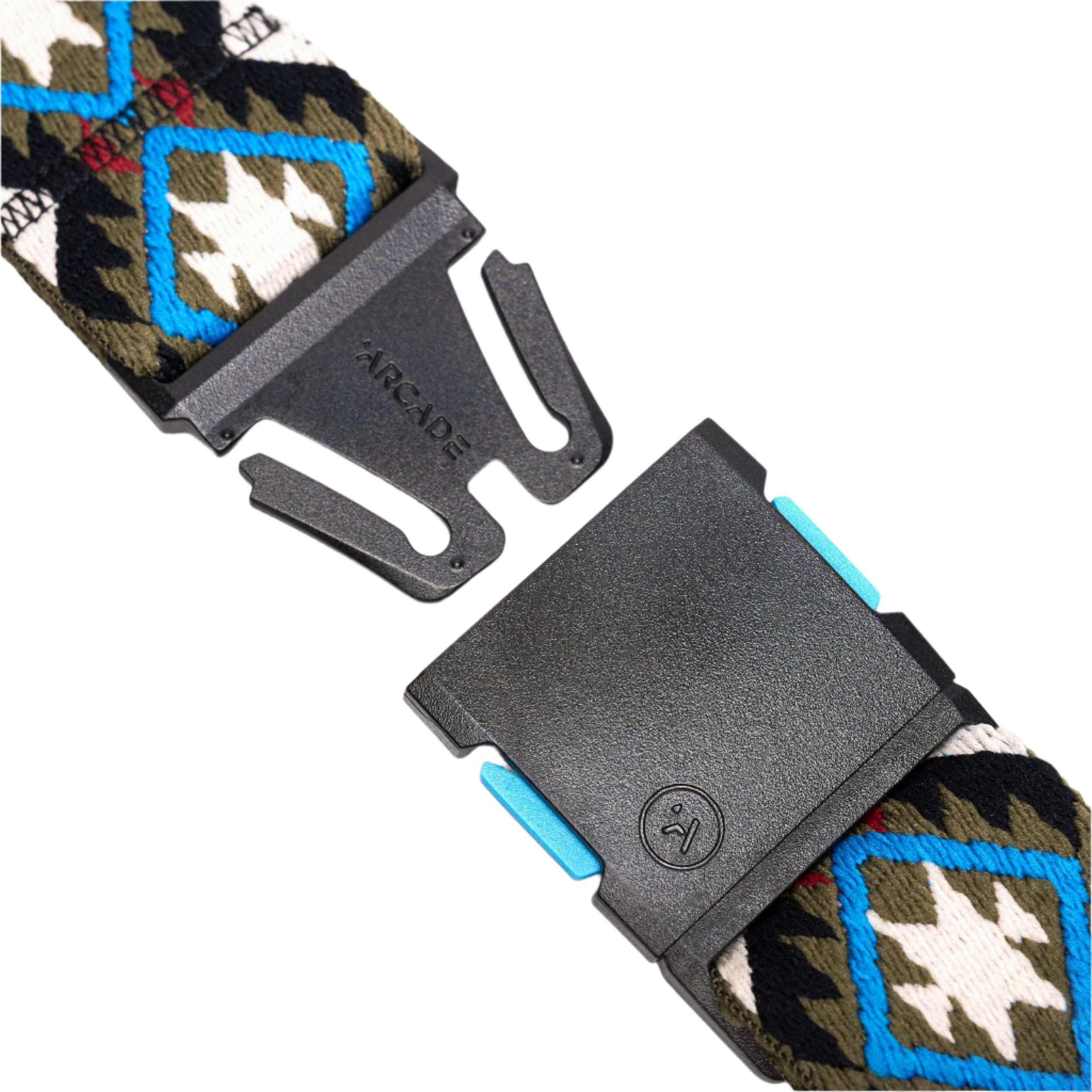 Arcade Twilight Belt 2025 - A black belt with a silver buckle featuring a geometric pattern of white, blue, and red shapes.