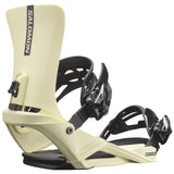 Salomon Rhythm Snowboard Bindings 2022 - A pair of cream-colored snowboard bindings with black buckles and straps.