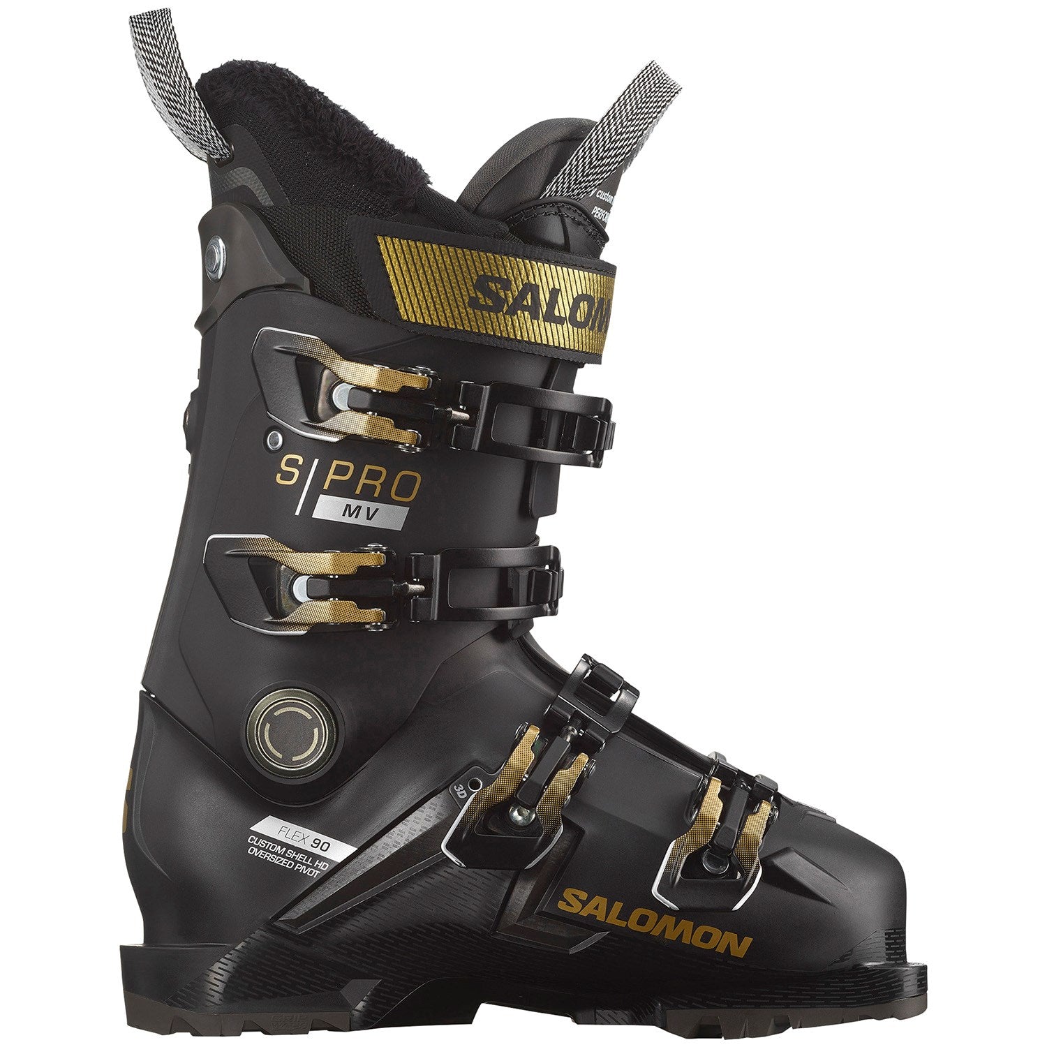 Salomon Women's S Pro MV 90 Ski Boots 2024 - Black ski boots with gold buckles and straps.