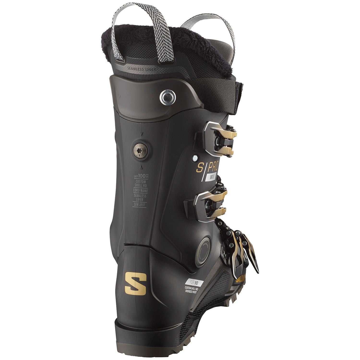 Salomon Women's S Pro MV 90 Ski Boots 2024 - Black ski boots with silver buckles and straps.