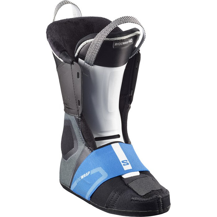 Salomon Women's Supra 115 Dual BOA Ski Boot - A black ski boot with a white logo on the side and a silver buckle.