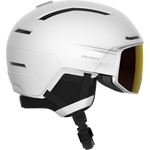 Salomon Driver Prime Sig Photo MIPS Helmet 2023 - A white helmet with a black visor and silver accents on the sides.