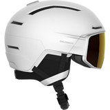 Salomon Driver Prime Sig Photo MIPS Helmet 2023 - A white helmet with a black visor and silver accents on the sides.