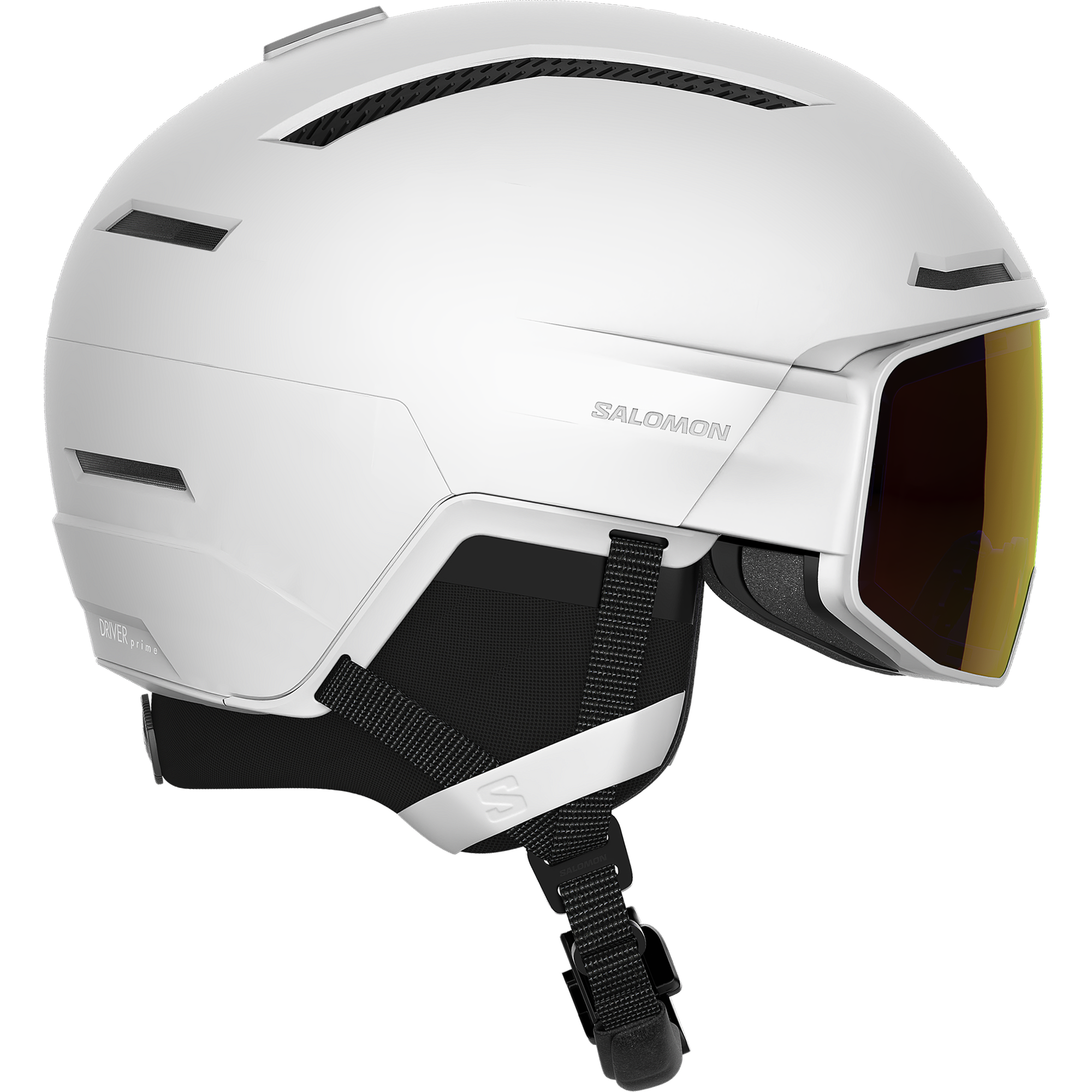 Salomon Driver Prime Sig Photo MIPS Helmet 2023 - A white helmet with a black visor and silver accents on the sides.