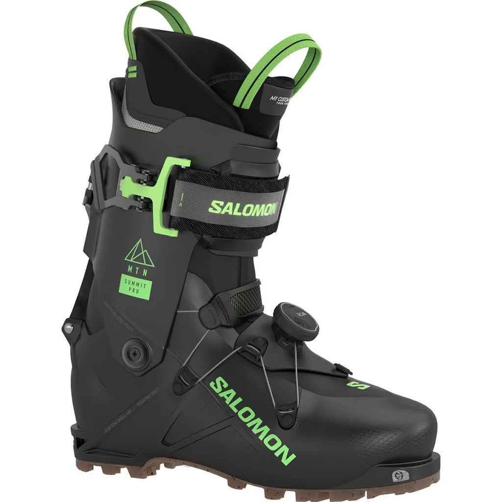 Salomon Mtn Summit Pure Boot 2022 - Black ski boot with lime green accents and a black strap on top.