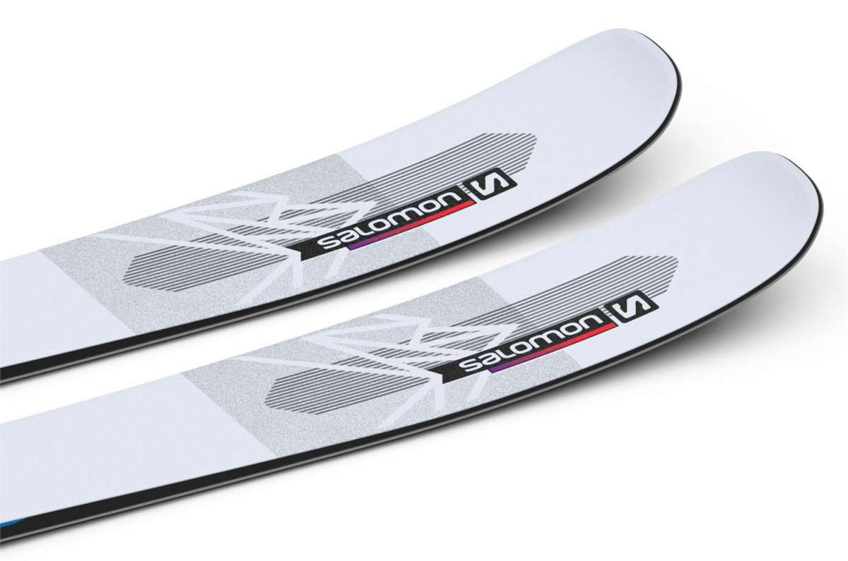 Salomon Junior's QST Blank Team Ski 2023 - A white ski with a geometric pattern and black trim.