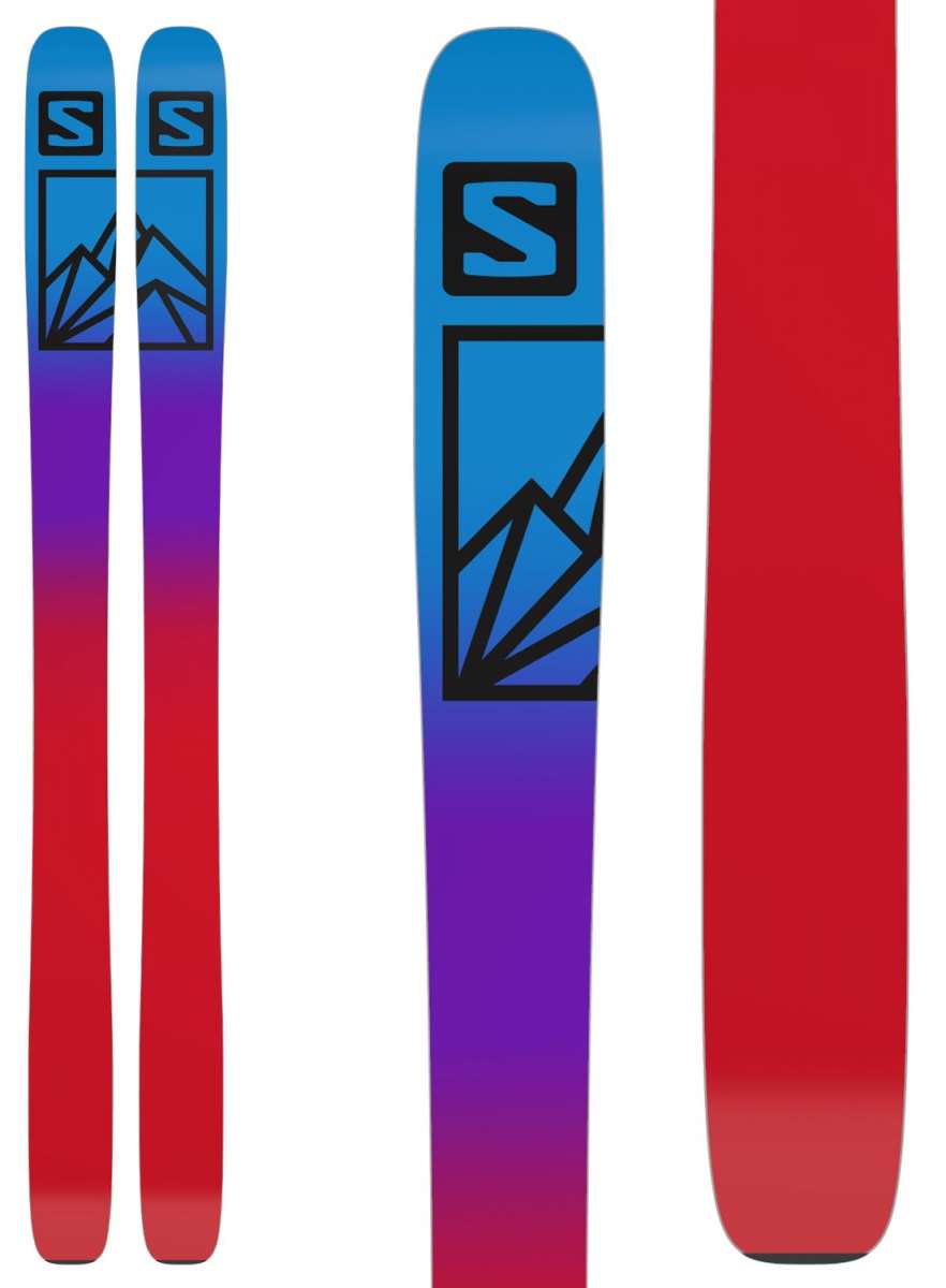 Salomon Junior's QST Blank Team Ski 2023 - A blue and purple ski with a black logo featuring a mountain graphic.