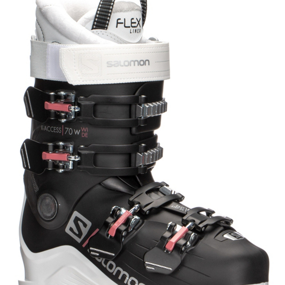 Salomon Women's X Access 70 Wide Ski Boots 2023 - Black ski boots with silver buckles and red straps.