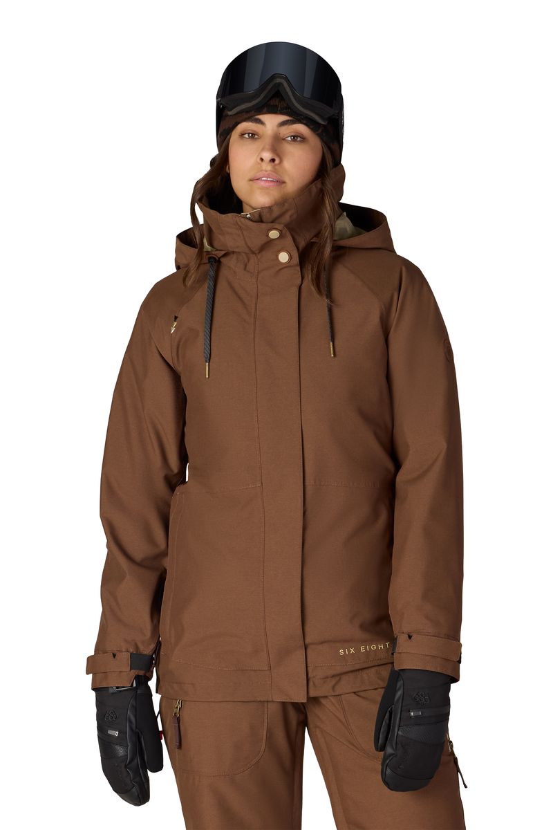 Women's 3-in-1 jacket in dark brown with attached hood and utility pockets