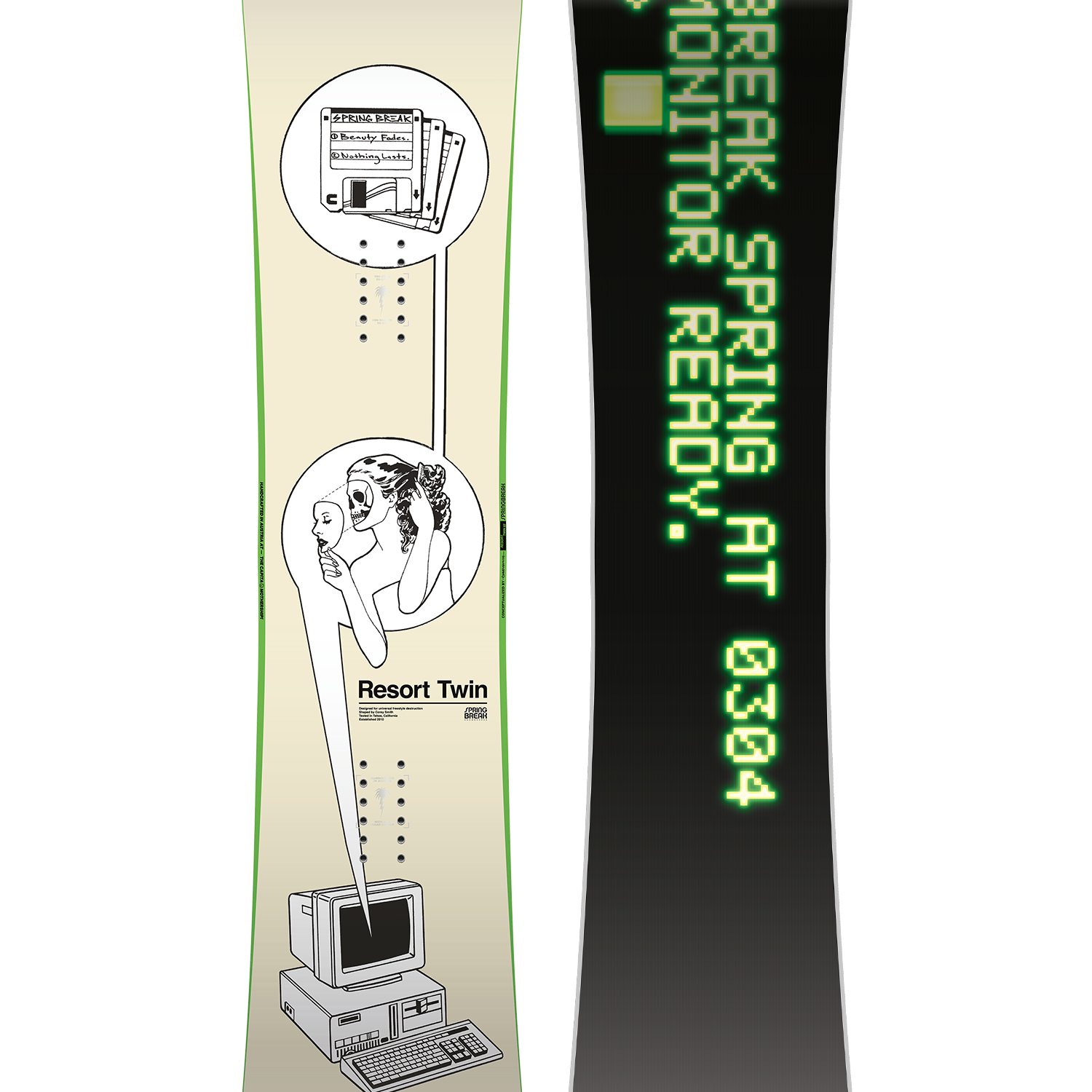 CAPiTA Spring Break Resort Twin Snowboard 2026 - A cream-colored snowboard with a black and white graphic of a woman in a bikini, holding an ice cream cone.