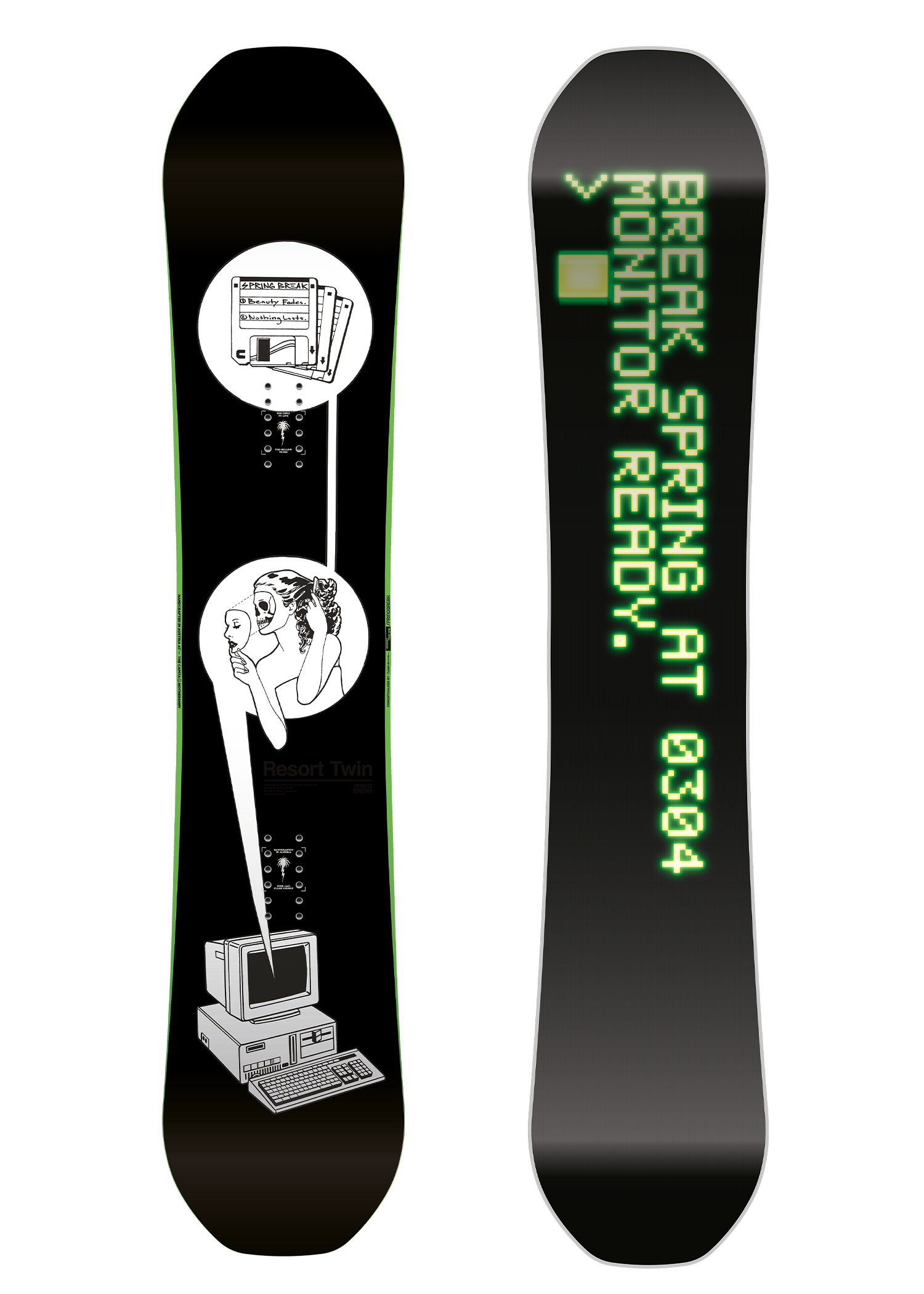 CAPiTA Spring Break Resort Twin Snowboard 2026 - Black snowboard with white and green graphics of a woman's face, a cassette tape, and a vintage computer monitor.