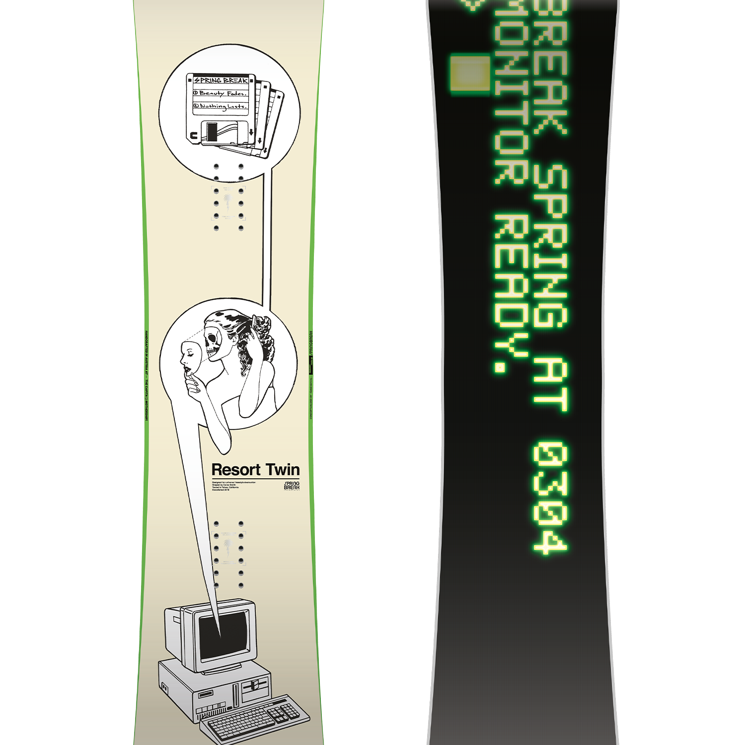 CAPiTA Spring Break Resort Twin Snowboard 2026 - A cream-colored snowboard with a black and white graphic of a woman's face, a computer monitor, and a stack of VHS tapes.