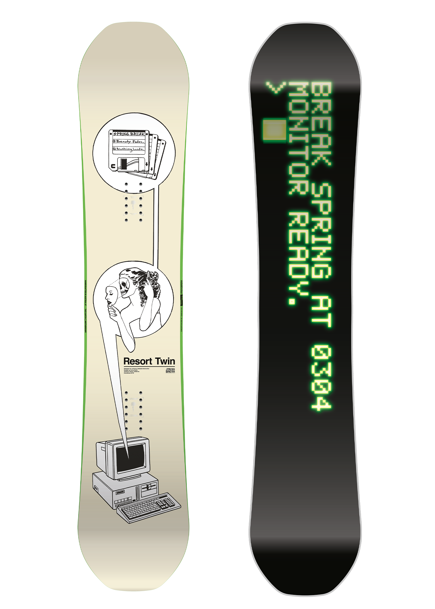 CAPiTA Spring Break Resort Twin Snowboard 2026 - A cream-colored snowboard with a black and white graphic of a woman's face, a computer monitor, and a stack of VHS tapes.