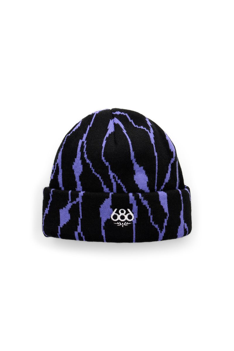 686 women's cepa beanie, black knit with blue abstract stripes and front logo patch