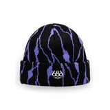 686 women's cepa beanie, black knit with blue abstract stripes and front logo patch