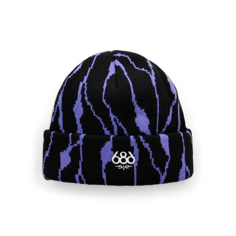 686 women's cepa beanie, black knit with blue abstract stripes and front logo patch