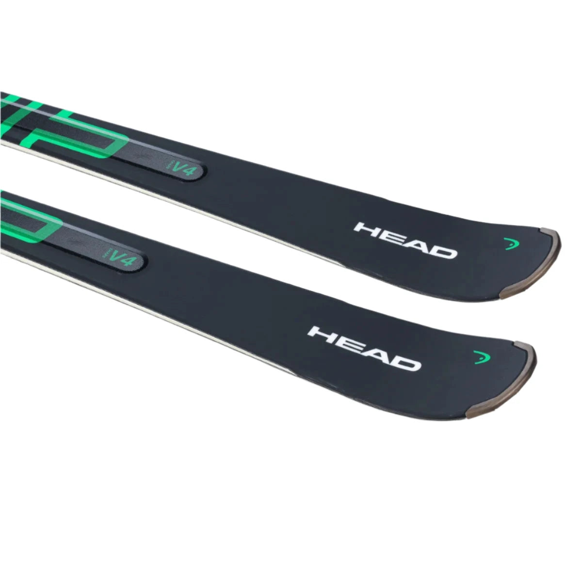 Head Shape V4 Skis with PR 11 Bindings - Black skis with green accents and white lettering, featuring a distinctive "V4" logo on top of each ski.