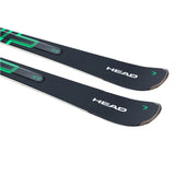 Head Shape V4 Skis with PR 11 Bindings - Black skis with green accents and white lettering, featuring a distinctive "V4" logo on top of each ski.