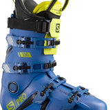 Salomon S/Pro 130 Ski Boots 2022 - A pair of blue ski boots with black buckles and straps, featuring a yellow logo on the side.