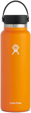 Hydro Flask 40oz Wide Mouth Water Bottle - A large, orange water bottle with a black lid and handle.