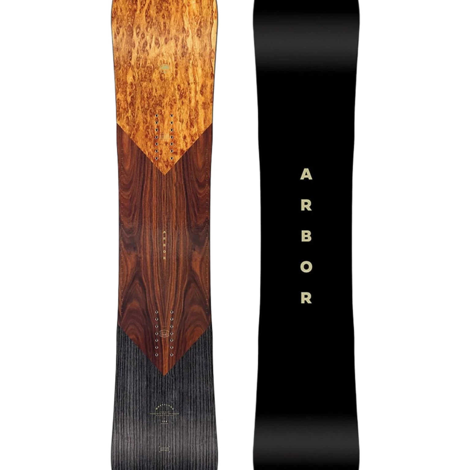 Arbor Wasteland Rocker - A brown, wood-grain-patterned snowboard with a pointed tip and rounded tail.