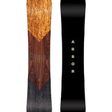 Arbor Wasteland Rocker - A brown, wood-grain-patterned snowboard with a pointed tip and rounded tail.